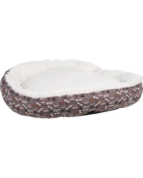 Dog bed with bone pattern and white interior on a white background