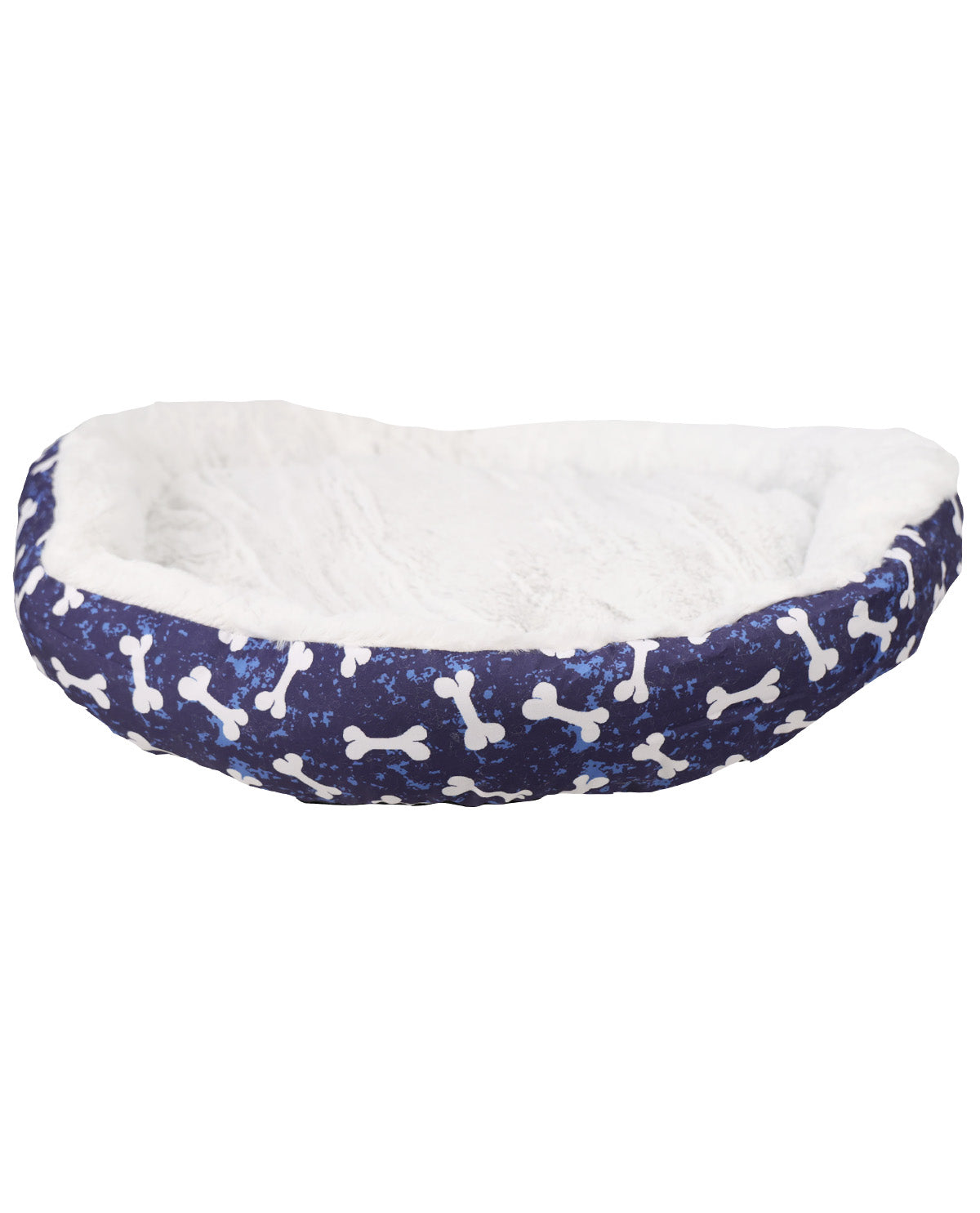 A pet bed with a navy blue glittery exterior patterned with white bones, and a plush white faux fur interior, shown against a plain white background.