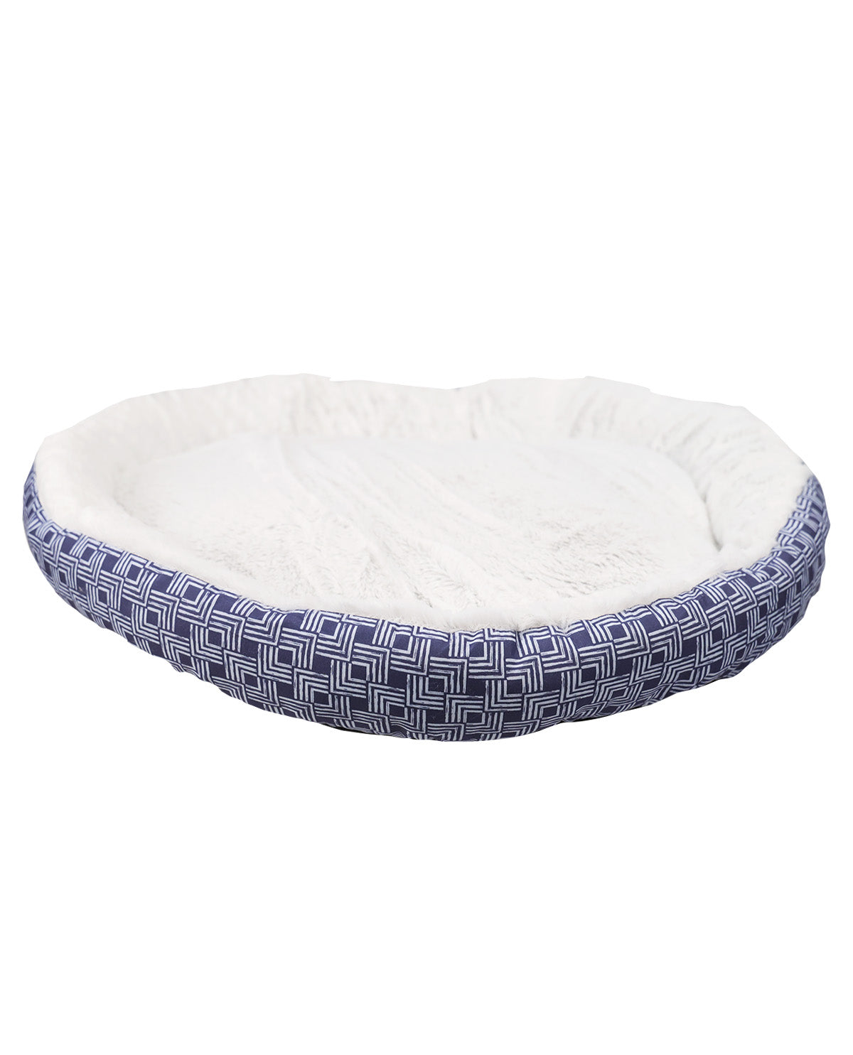 An oval-shaped pet bed with a white plush fleece interior and a navy blue and white geometric patterned fabric exterior, shown against a plain white background.