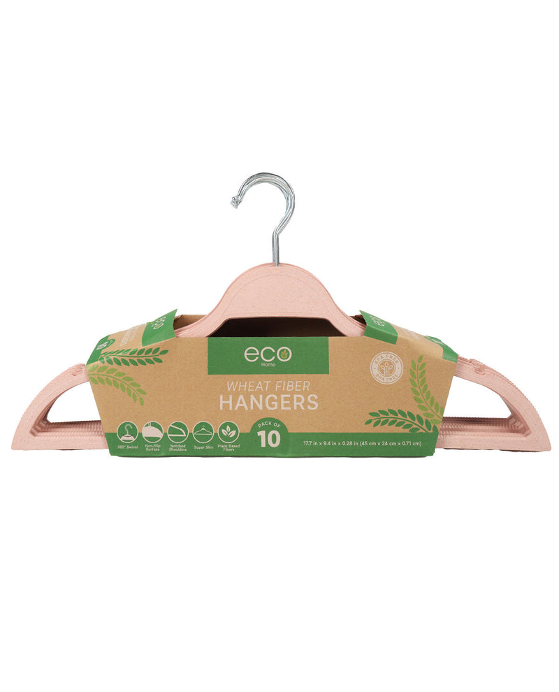 A pack of 10 eco-friendly wheat fiber hangers, featuring a natural light wood body with a green and brown paper label band and a silver metal hook.