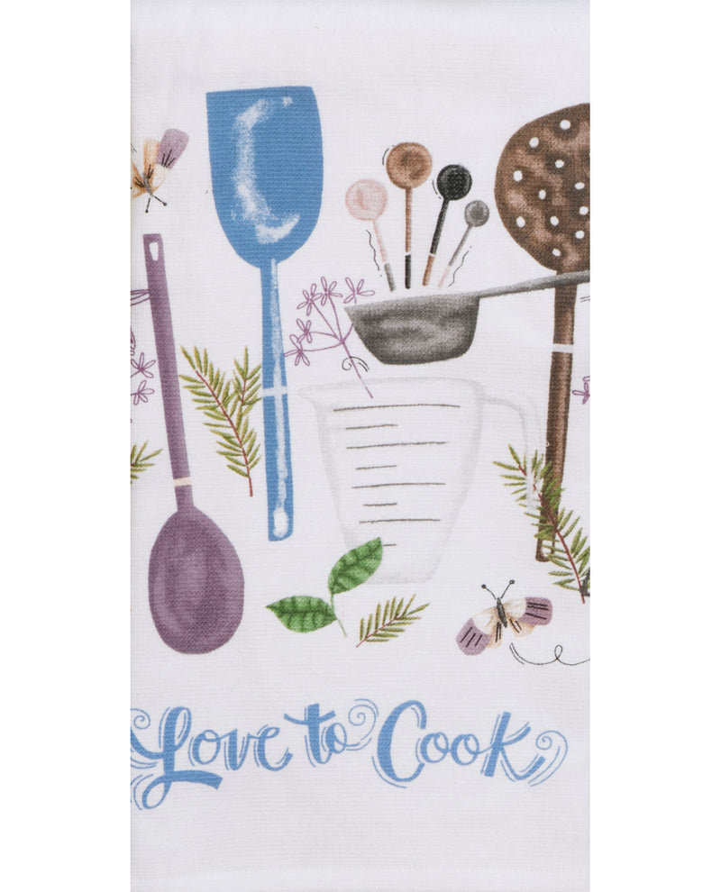 A white kitchen towel featuring a colorful illustration of cooking utensils, including a blue spatula, brown spoon, measuring cup, and butterflies, with the phrase 'Love to Cook' written in blue script at the bottom.