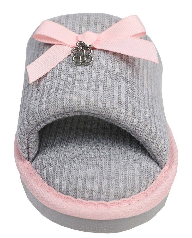 Gray slipper with pink bow and trim on a white background