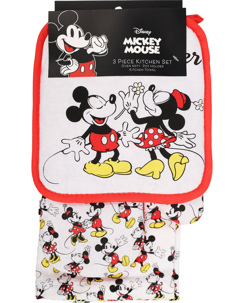 Mickey Mouse 3-piece kitchen towel set with packaging on a white background
