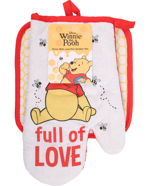 Oven mitt and pot holder set with Winnie the Pooh design on a white background