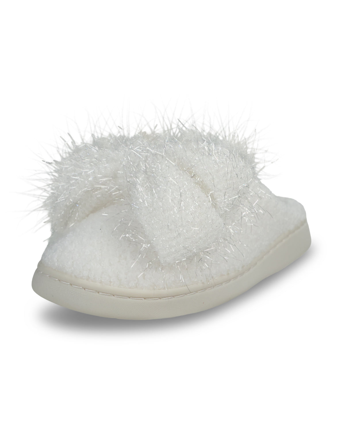 A single white fuzzy slip-on shoe with a thick white sole, photographed on a clean white background with a soft shadow.