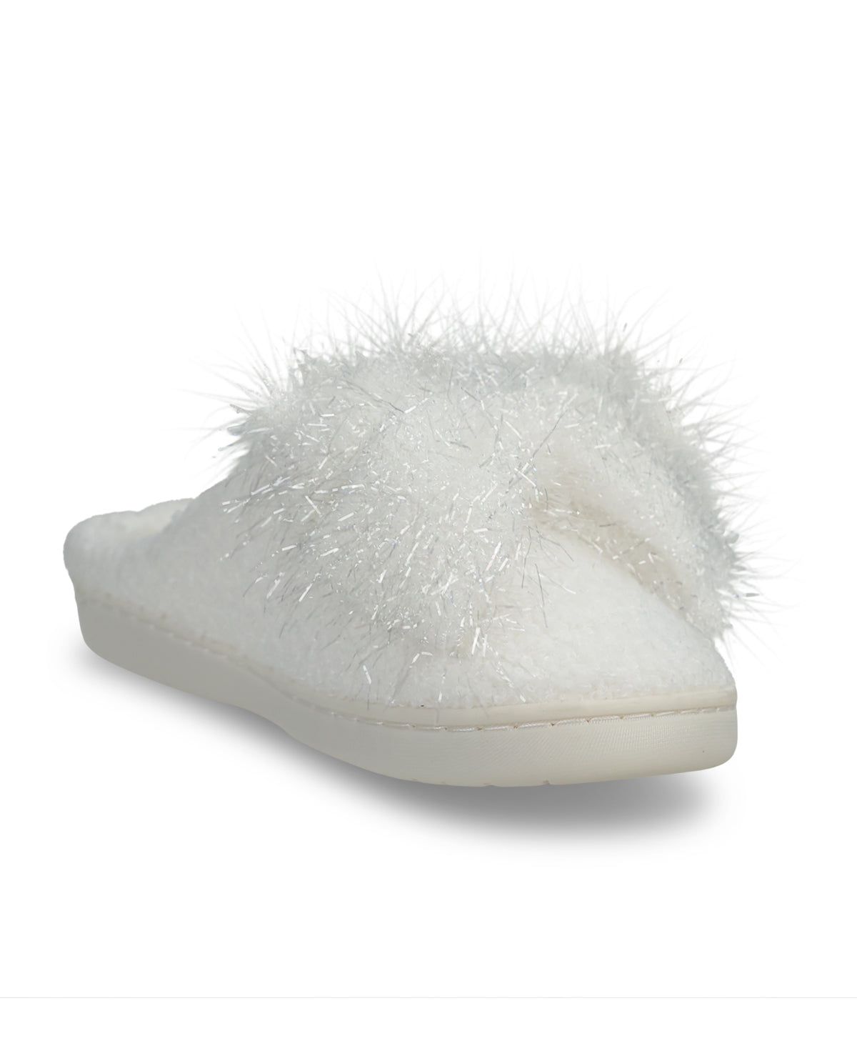 A single fluffy white slipper with a shaggy faux-fur top and a thick white sole, shown from a side angle on a white background.