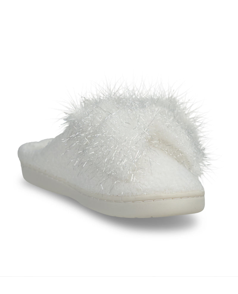 A single fluffy white slipper with a shaggy faux-fur top and a thick white sole, shown from a side angle on a white background.