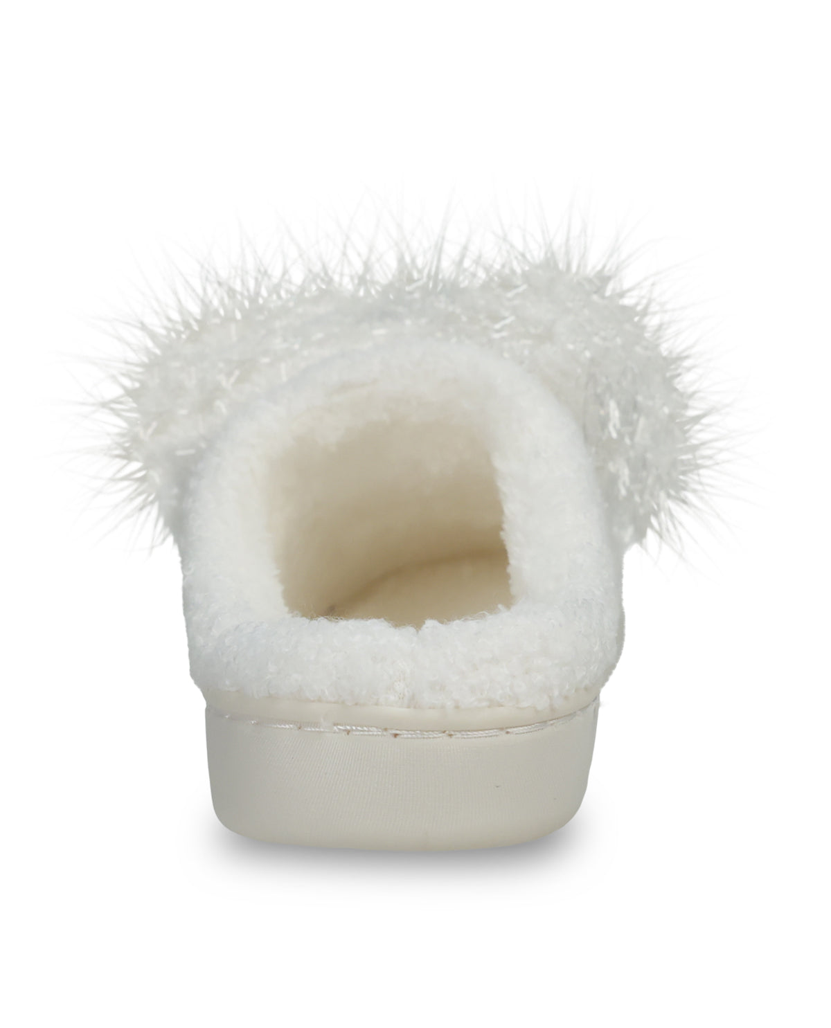A single white slipper with fluffy faux-fur trim and a thick platform sole, shown from a top-down view on a white background.