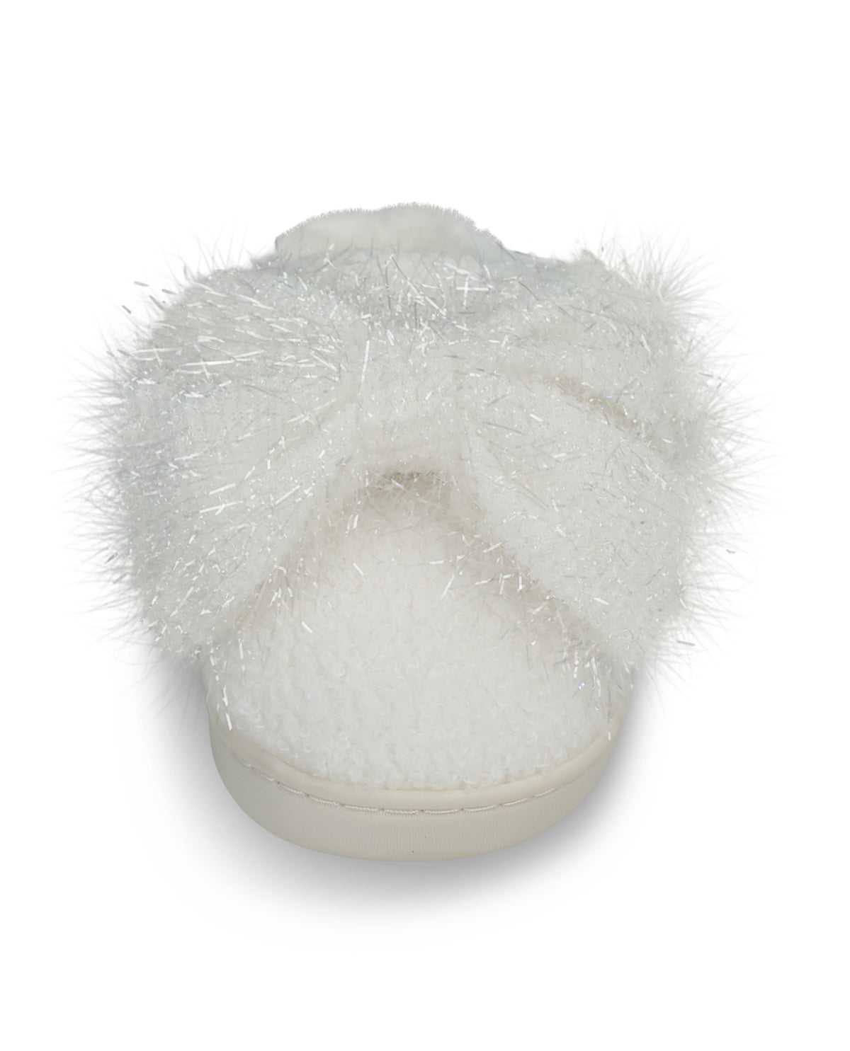 A single fluffy white slipper with a soft fuzzy texture and a thick white sole, photographed on a clean white background.