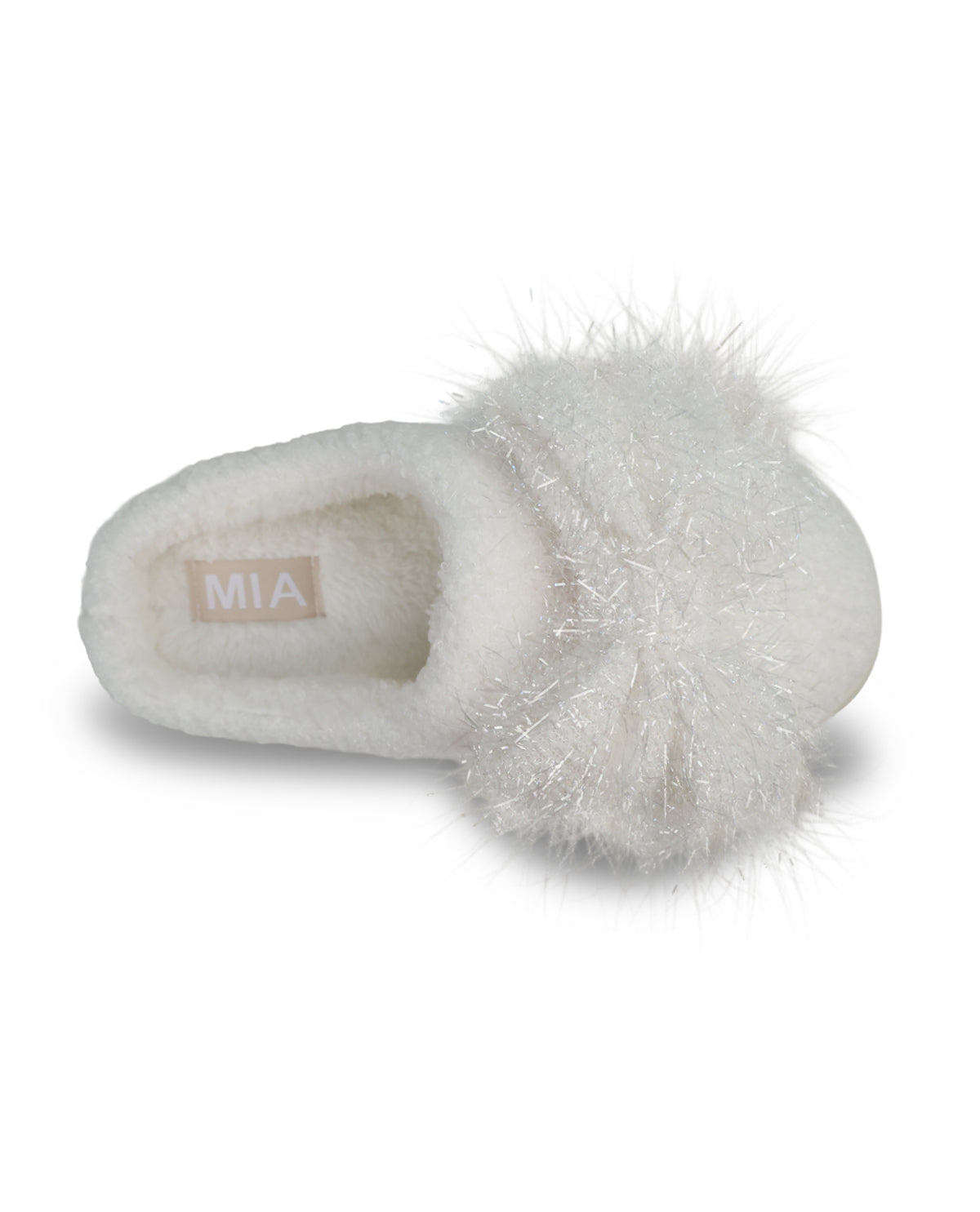 A single fluffy white slipper with a large textured pom-pom on the toe, featuring a beige interior label with the brand name 'MIA'.