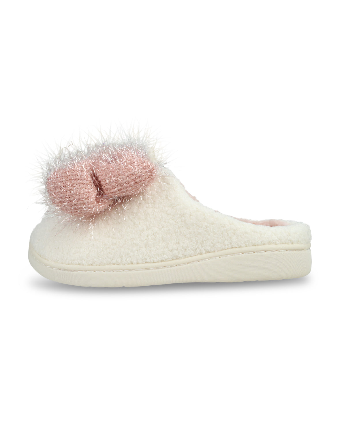 A single cream-colored plush slipper with a metallic pink bow on the side, shown against a plain white background.