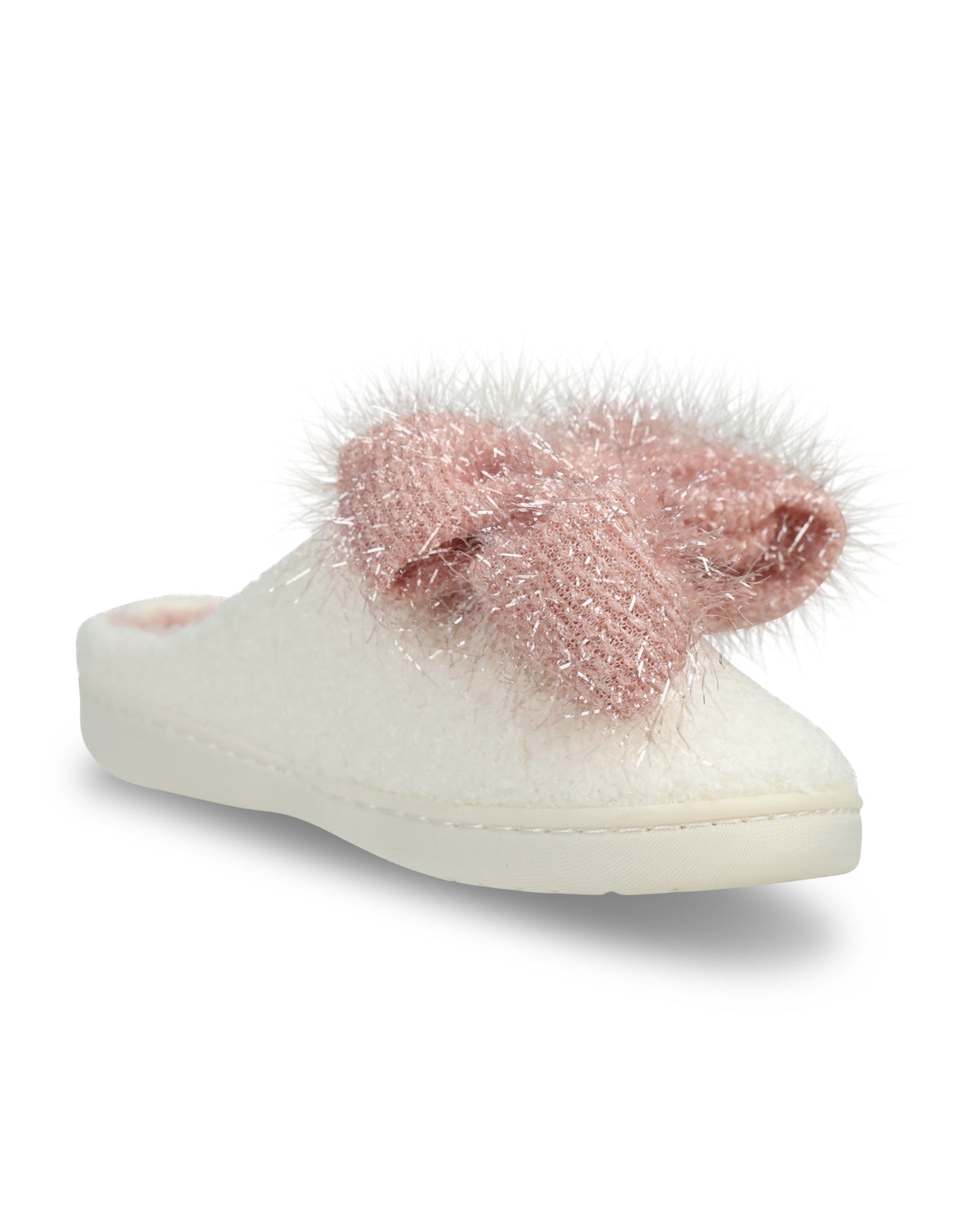 A single slip-on mule slipper in off-white fuzzy fabric with a large, fluffy light pink bow on top, shown against a plain white background.