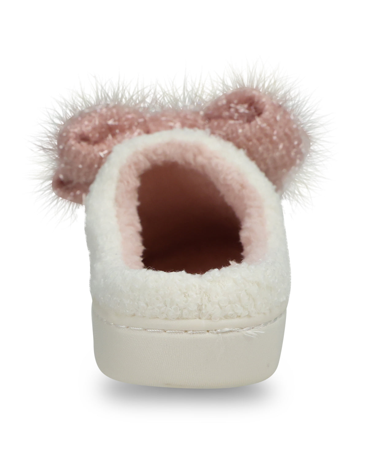 A single plush slipper shown from the back, featuring a white sherpa exterior, a light pink fuzzy interior lining, and a matching pink fluffy bow on top.