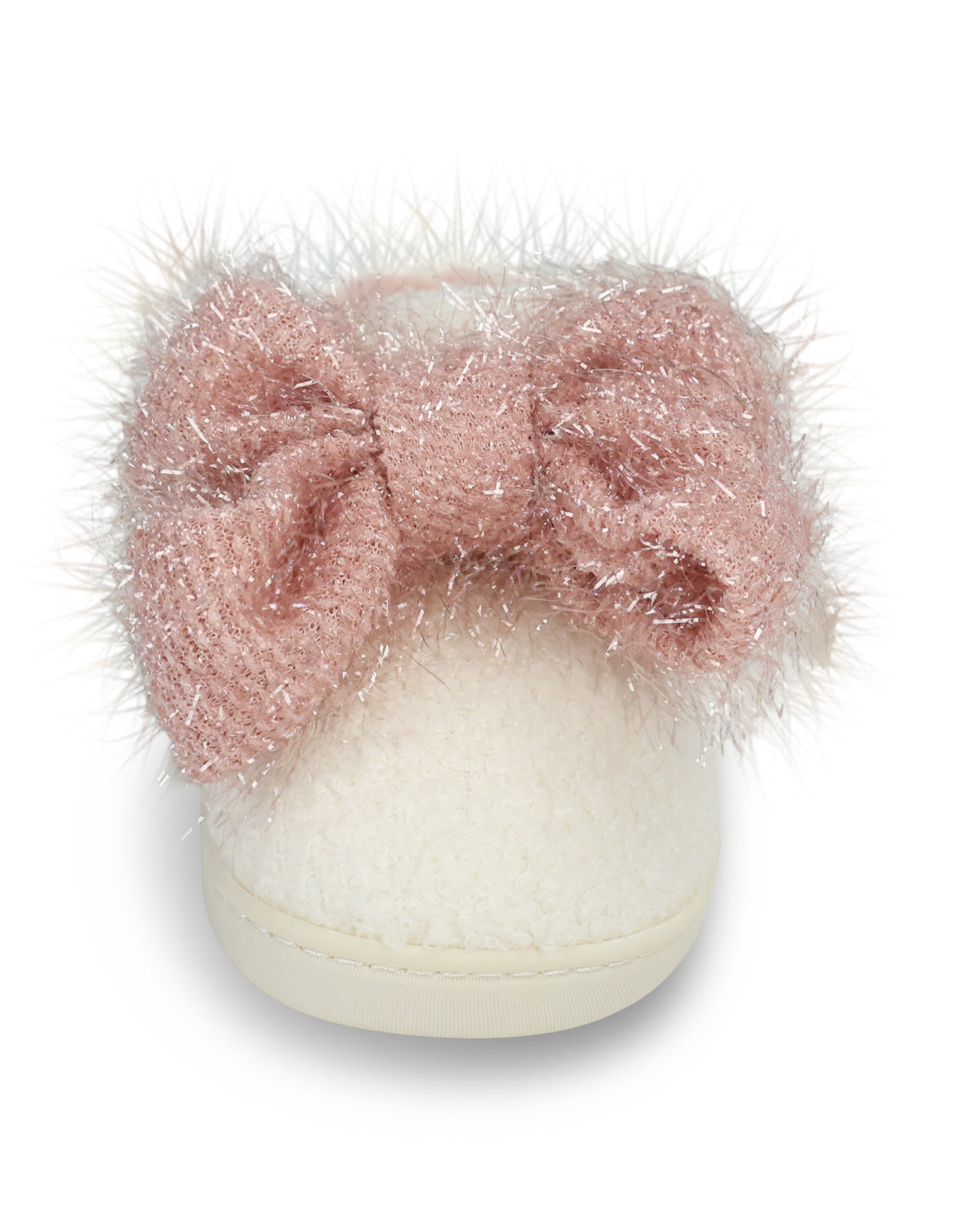 A soft cream-colored baby bootie featuring a large, fluffy dusty pink bow on the front, set against a plain white background.