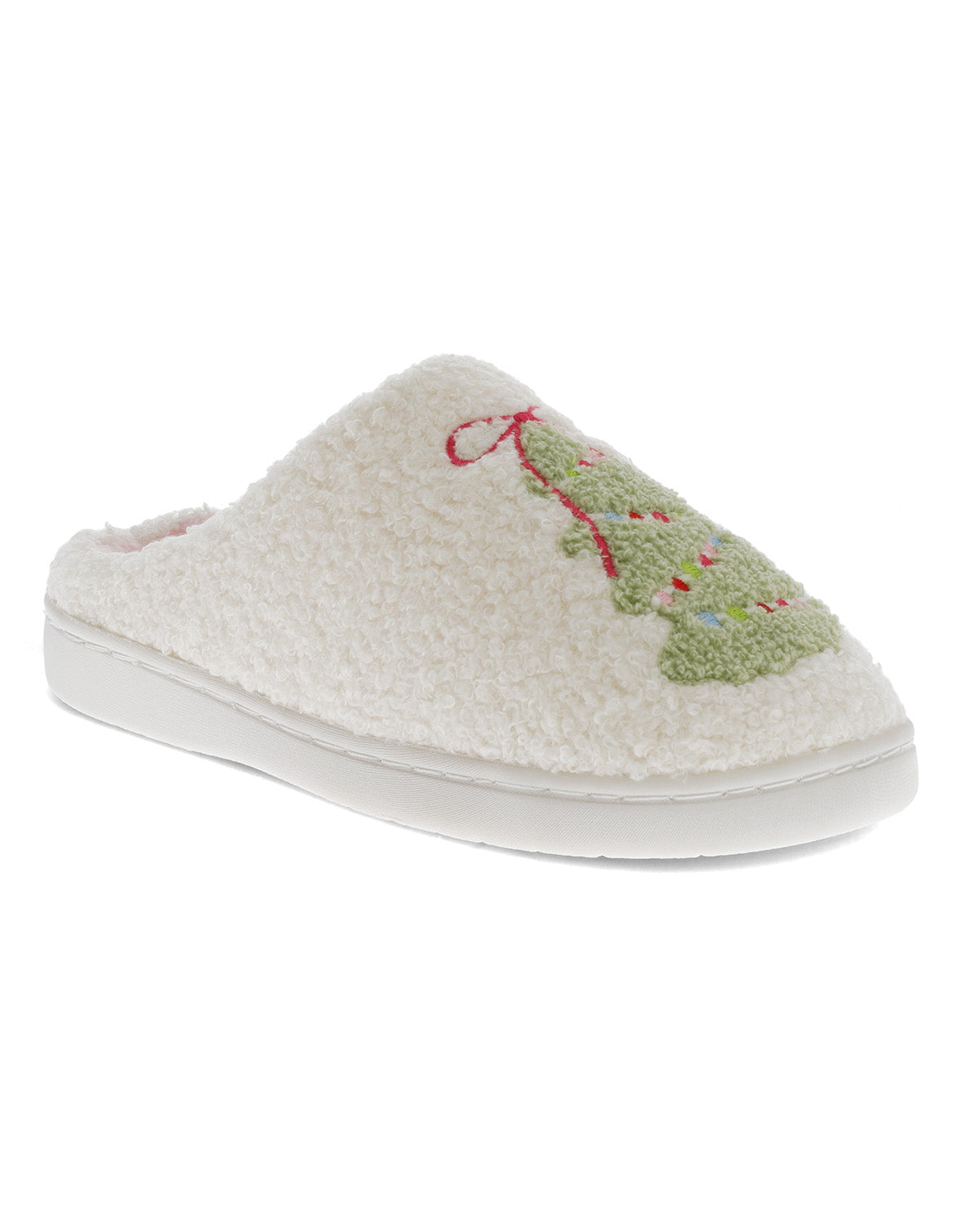 A single off-white sherpa slipper with a green and red embroidered Christmas tree design on the side, shown against a plain white background.