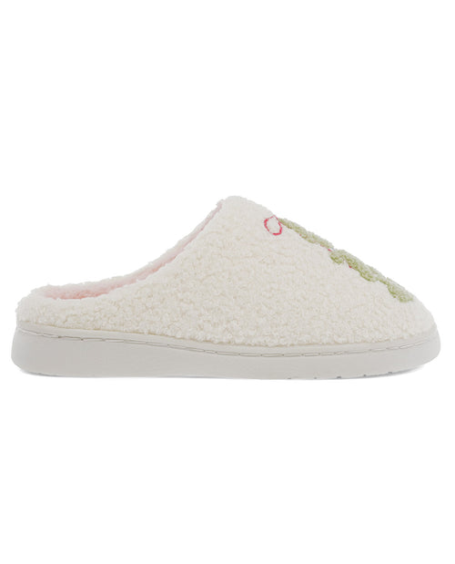 A single slip-on mule slipper in a cream sherpa fabric with a white sole, featuring a small embroidered pink heart and green lettering on the side.