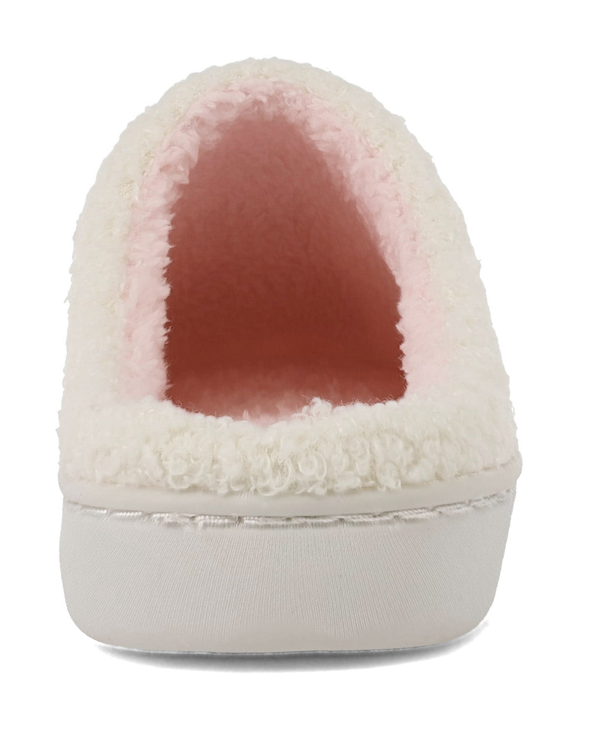 A single slip-on slouchy slipper with a fluffy cream sherpa exterior, a light pink inner lining, and a thick cream fabric sole, shown from a top-down view on a white background.