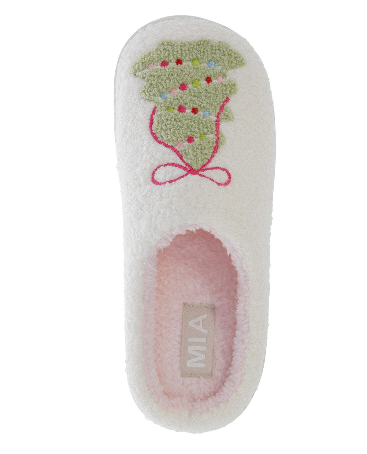 A single white plush slipper with a green embroidered holly design and colorful bead accents on the upper, and a pink-lined footbed with a beige 'MIA' brand tag.