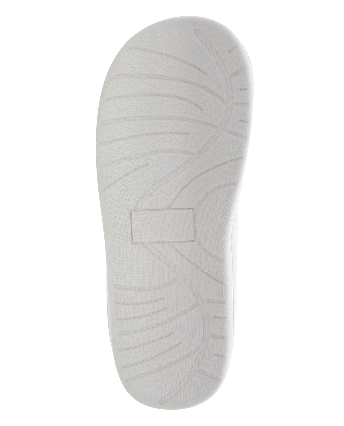 A close-up, top-down view of a white shoe sole with molded tread patterns, isolated on a white background.
