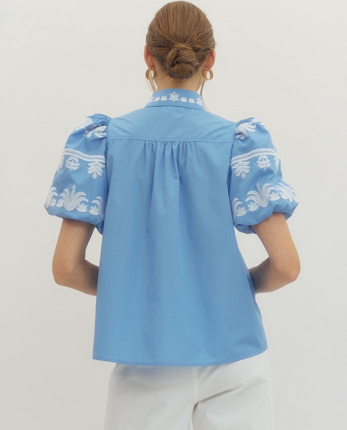 Entro Solid Top with Embroidered Trim Chambray