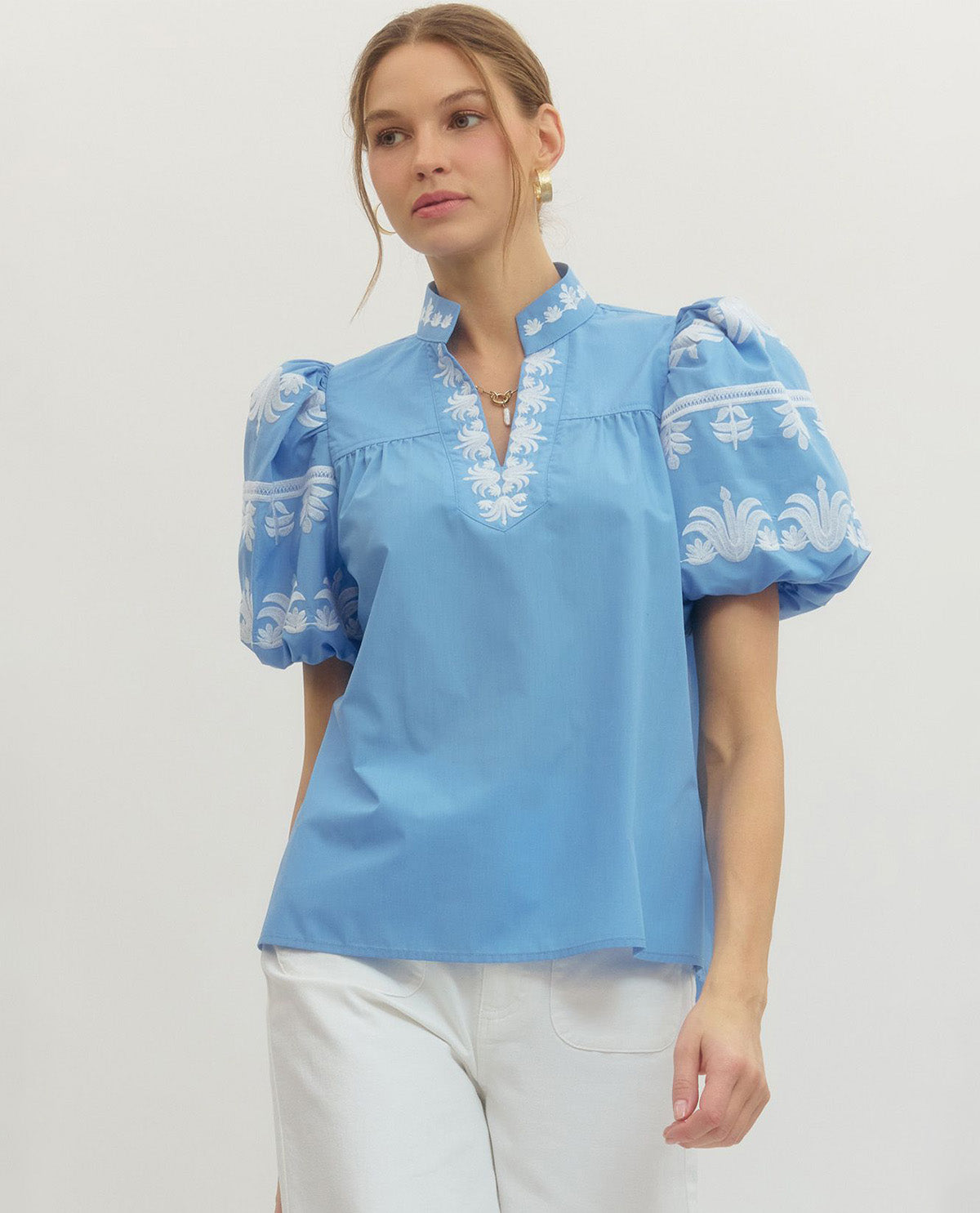 Entro Solid Top with Embroidered Trim Chambray