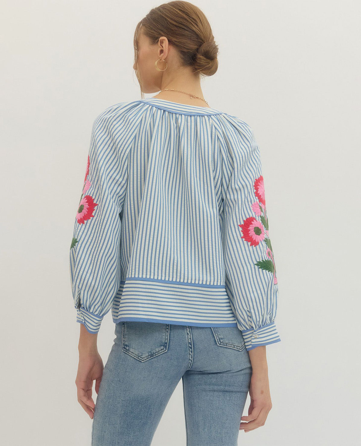 Entro 3/4 Sleeve Stripe Top with Embroidered Sleeves