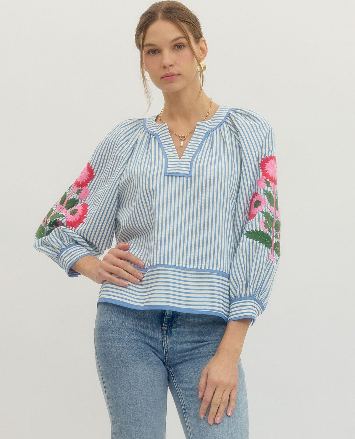 Entro 3/4 Sleeve Stripe Top with Embroidered Sleeves