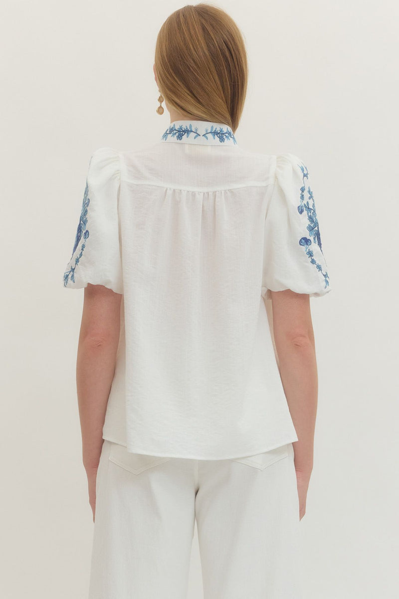 Entro Solid Top with Embroidered Trim Ivory