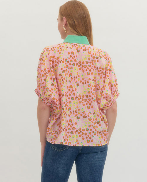 Entro Print Top with Solid Trim Neckline