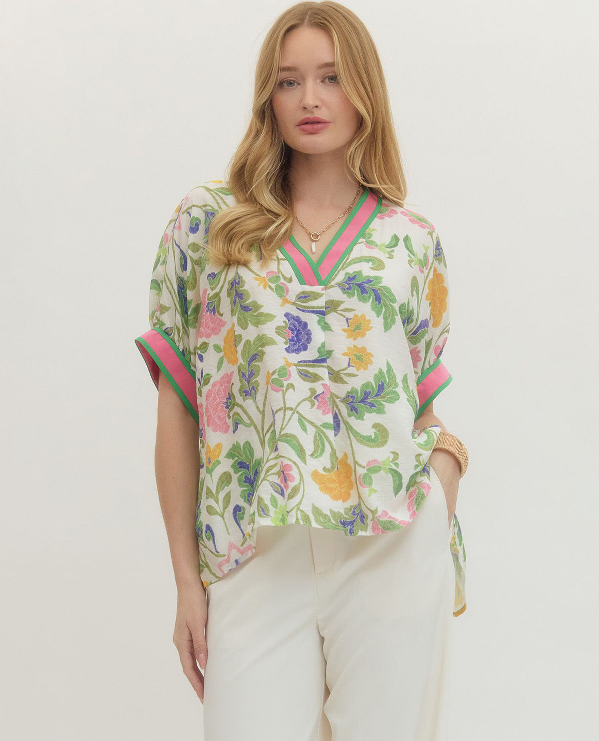 Entro Print Top W/solid Trim