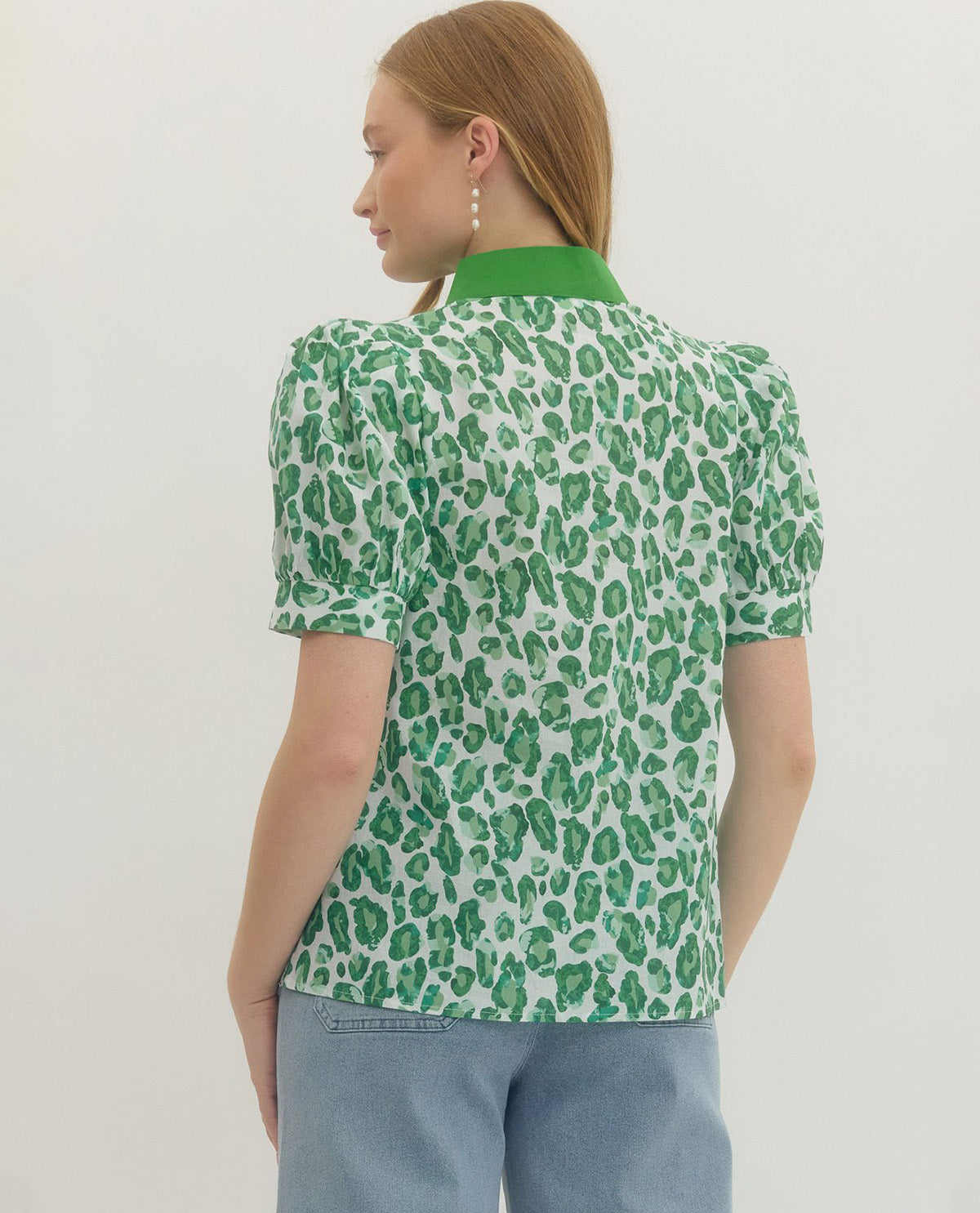 Entro Animal Print Top with Solid Trim and Cuff Sleeves