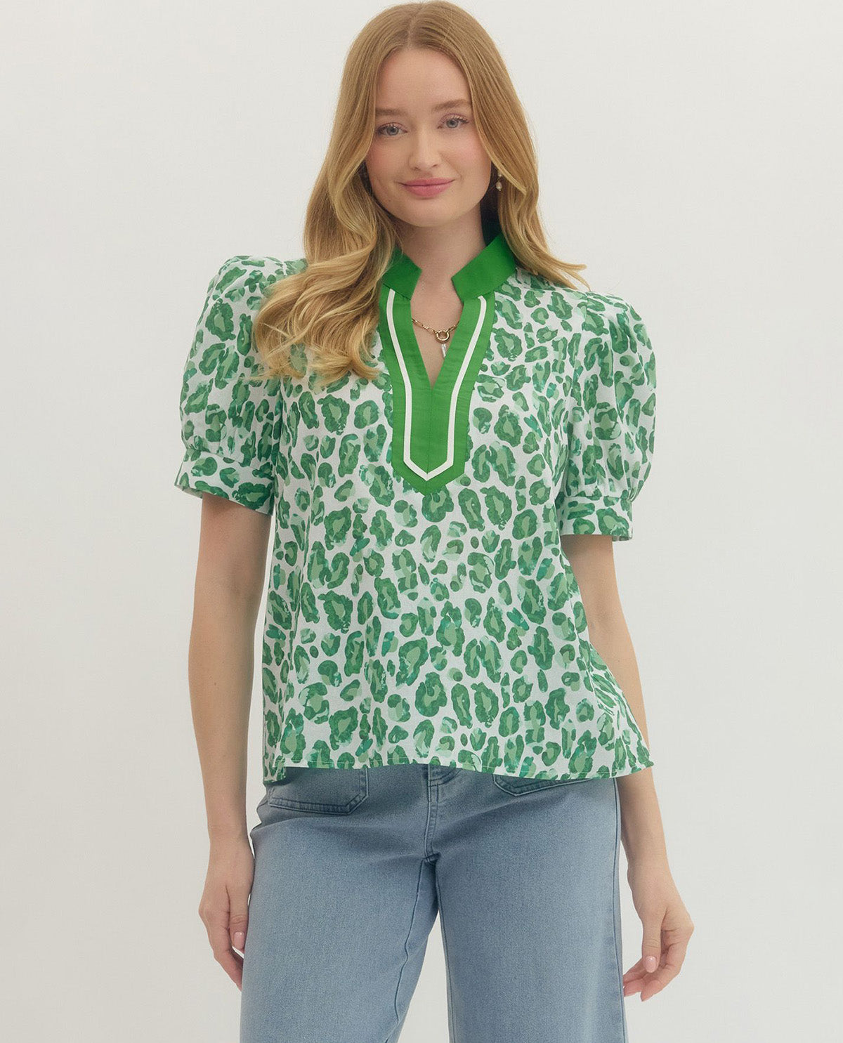 Entro Animal Print Top with Solid Trim and Cuff Sleeves