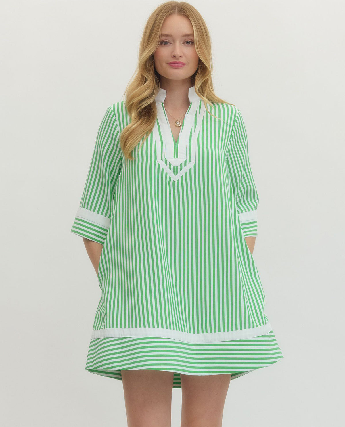 Entro Stripe Dress with Contrast Trim Green/White