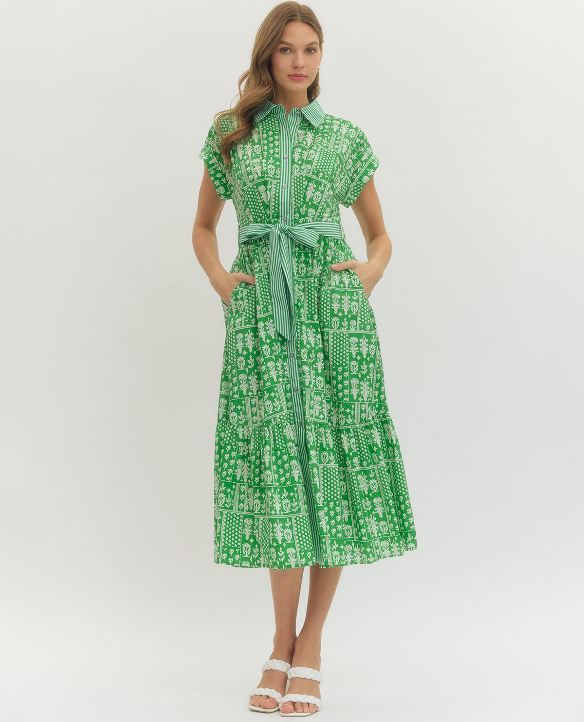 Entro Print Tie Waist Maxi Dress Green
