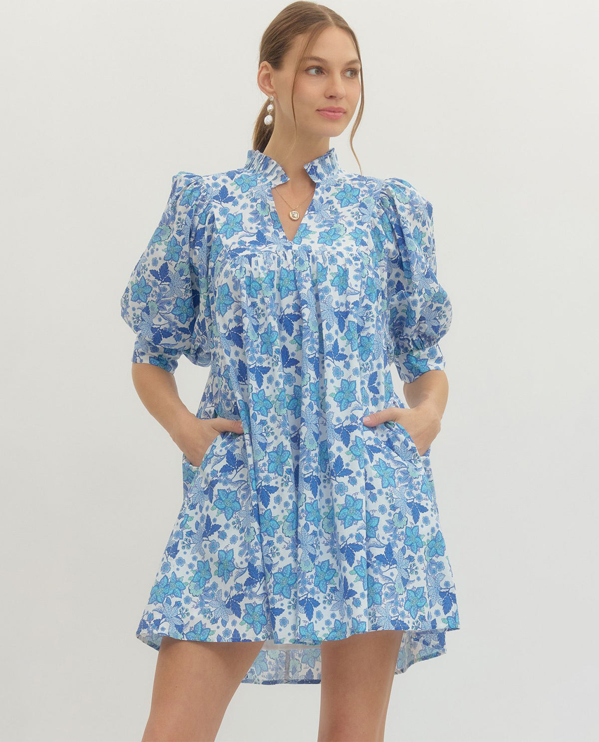 Entro Print Babydoll Dress w/Puff sleeves and High collar