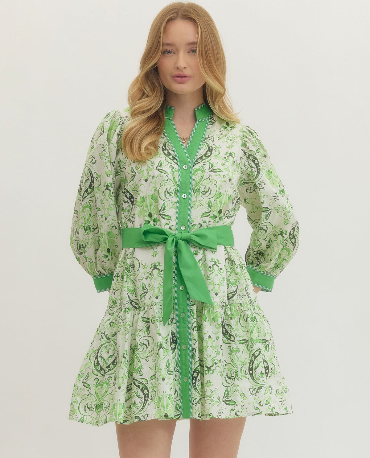 Entro Print Tie Waist Dress Green