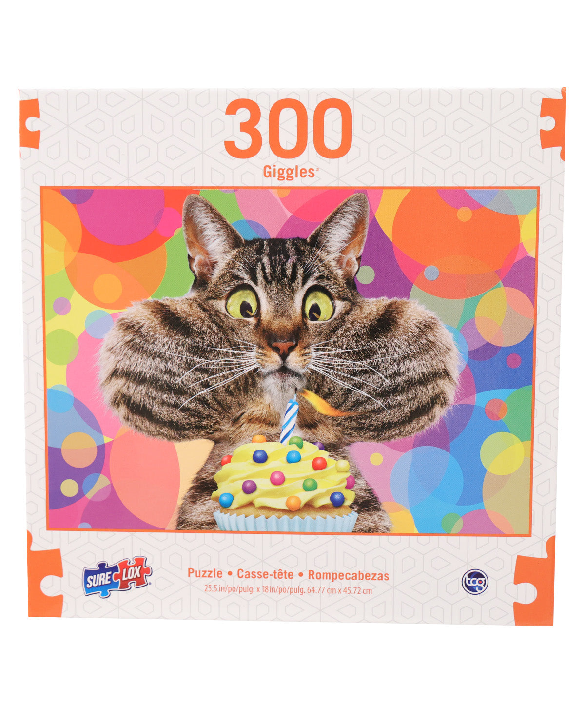 A 300-piece jigsaw puzzle box titled 'Giggles' featuring a funny photo of a tabby cat with wide eyes holding a cupcake in front of a colorful party background. The Sure! Luv! brand logo is visible in the bottom left corner.