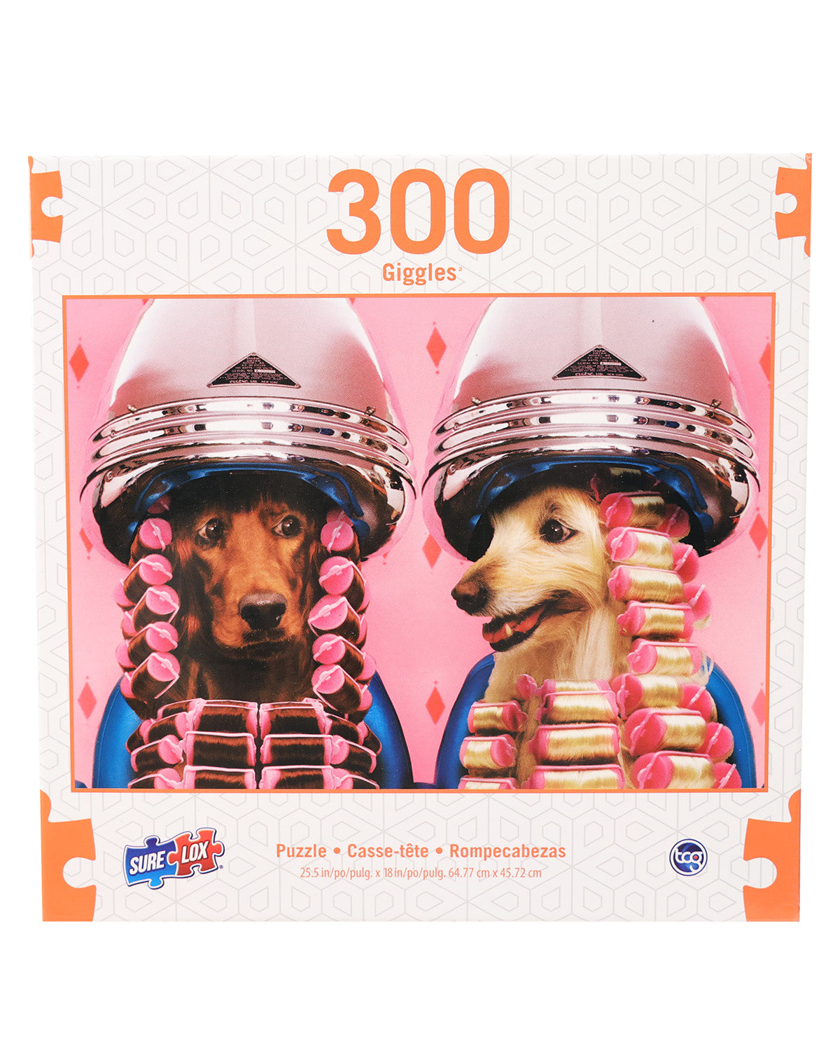 A 300-piece jigsaw puzzle box titled '300 Giggles' featuring two dogs wearing metallic silver helmets and pink-and-gold bullet-shaped hair accessories against a pink background.