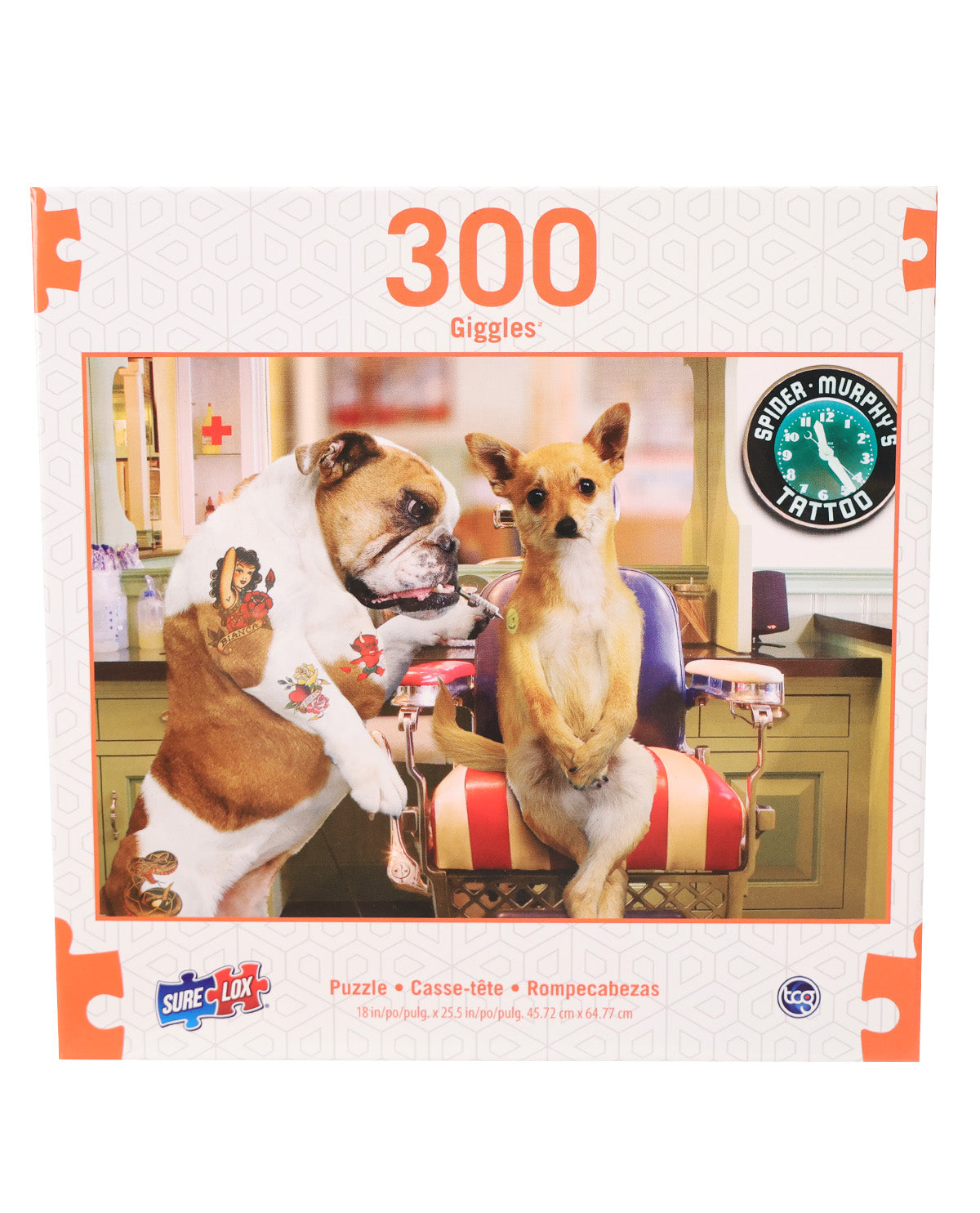 A 300-piece jigsaw puzzle box featuring a photo of two dogs sitting in a barber chair in a salon. The box has orange puzzle piece icons in the corners, the text '300 Giggles' at the top, and the Sure 'Em All logo at the bottom left.