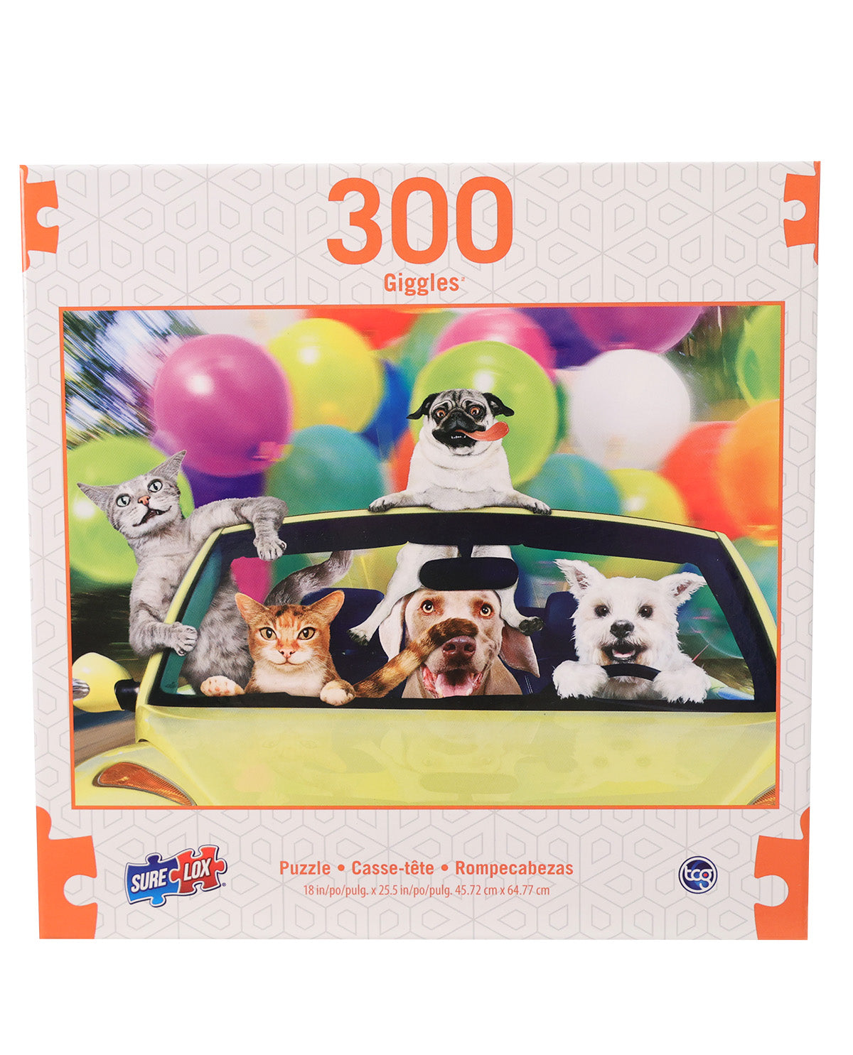 Box of a 300-piece jigsaw puzzle titled 'Giggles' featuring a colorful photo of pets in a car with balloons. The packaging has orange accents and shows the Super Lucky Pet brand logo.