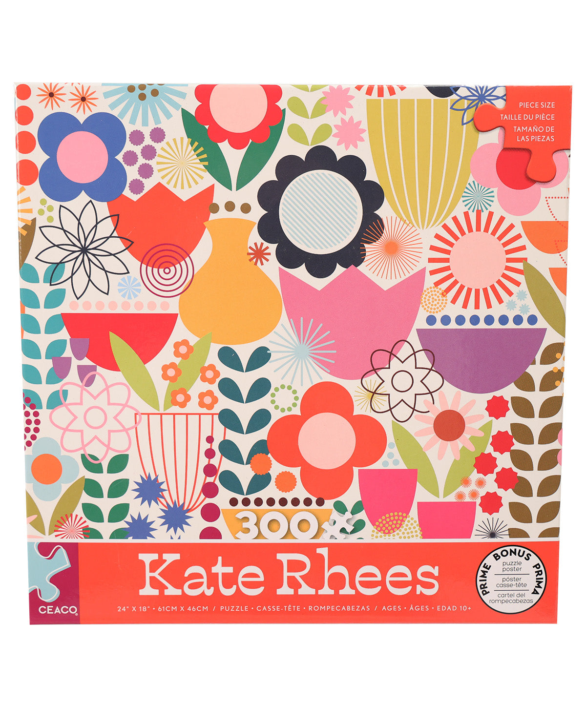 Kate Rhrees 300-piece flower-themed puzzle box featuring a colorful retro floral pattern with a coral-red bottom banner displaying the brand name.