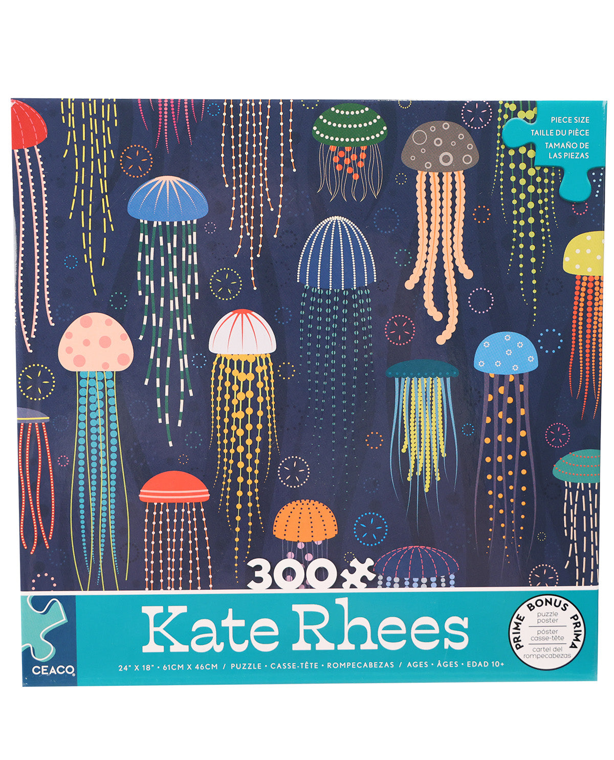 Front of a Kate Rhrees 300-piece jigsaw puzzle box featuring a colorful underwater scene with jellyfish on a dark navy background. The box includes a teal banner at the bottom with the brand name Kate Rhrees and a puzzle piece icon in the lower left corner.
