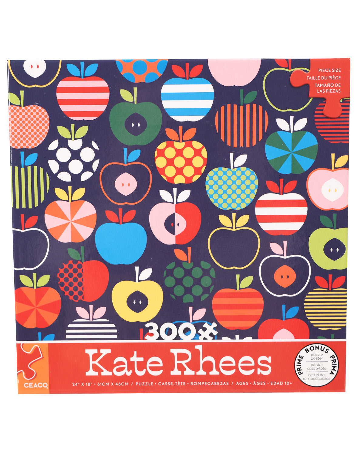 Kate Rhees 300-piece jigsaw puzzle box by Ceaco, featuring a colorful pattern of stylized apples on a dark navy background with a red-orange banner at the bottom.