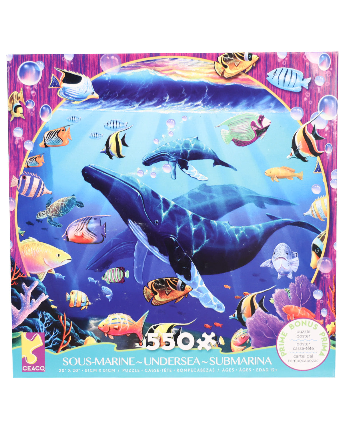 A colorful jigsaw puzzle box featuring an underwater scene with a large blue whale, tropical fish, bubbles, and coral. The box has the CEACO brand logo in the bottom left and the title 'SOUS-MARINE / UNDERSEA' with '550 pieces' in the center.
