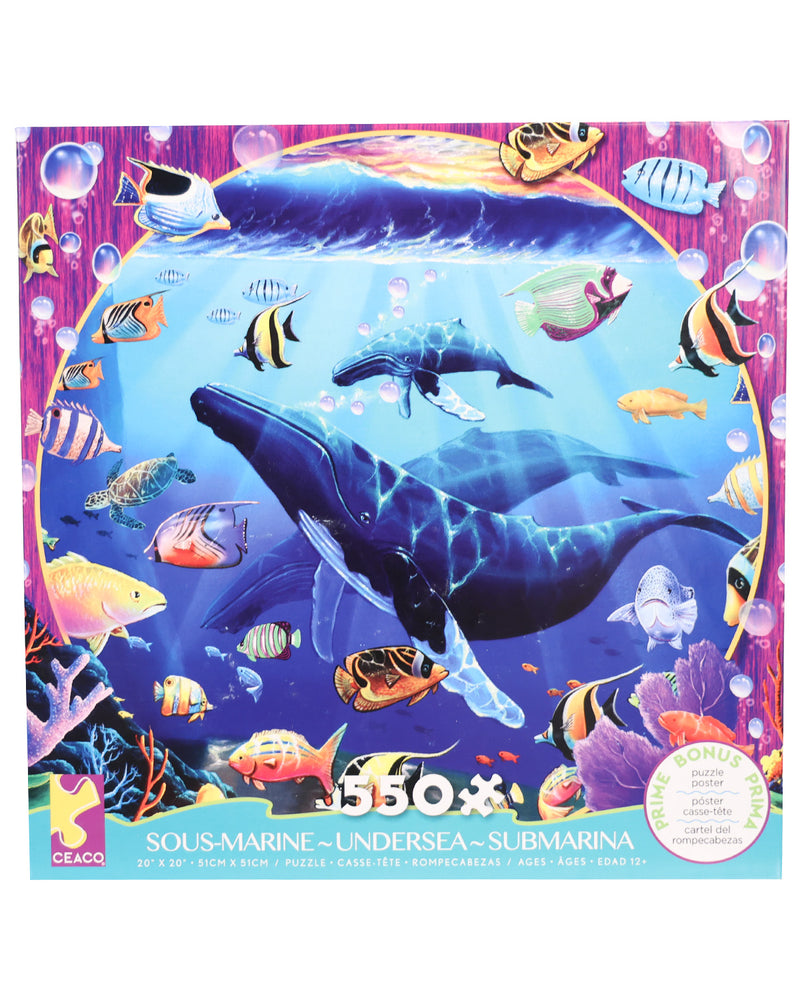 A colorful jigsaw puzzle box featuring an underwater scene with a large blue whale, tropical fish, bubbles, and coral. The box has the CEACO brand logo in the bottom left and the title 'SOUS-MARINE / UNDERSEA' with '550 pieces' in the center.