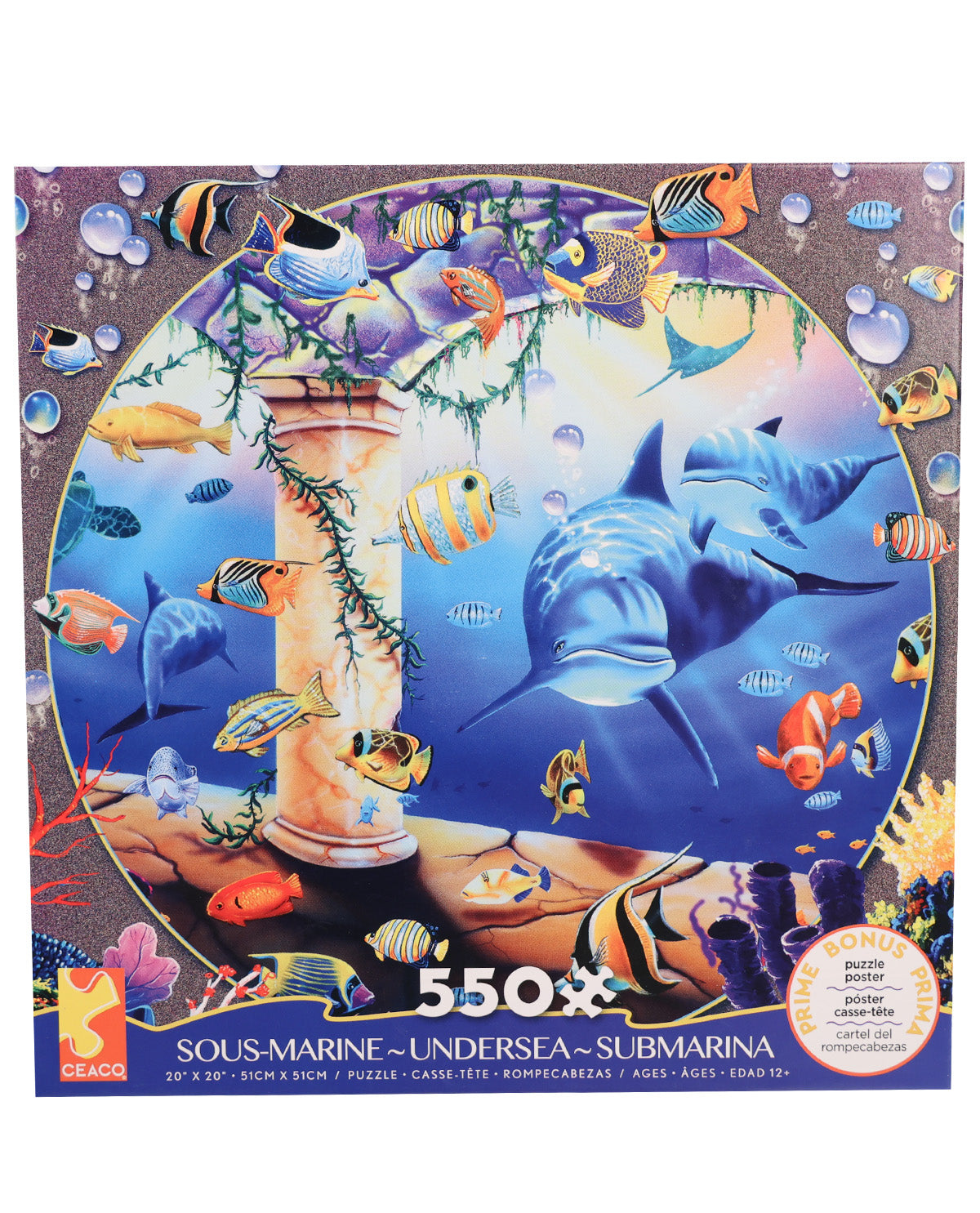 A 5-piece jigsaw puzzle box titled 'Sous-Marine - Undersea - Submarina' featuring a colorful underwater scene with a blue whale, tropical fish, coral, and a stone column. The brand 'Scalpers' is visible in the bottom-left corner.