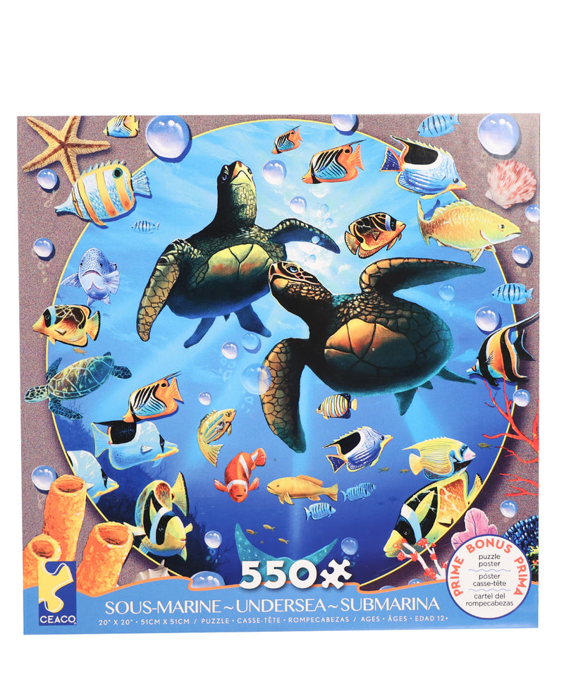 A 550-piece jigsaw puzzle box titled 'Sous-Marine - Undersea - Submarina' featuring an underwater scene with two sea turtles, colorful fish, bubbles, and coral. The brand logo 'CEACO' is visible in the bottom-left corner.