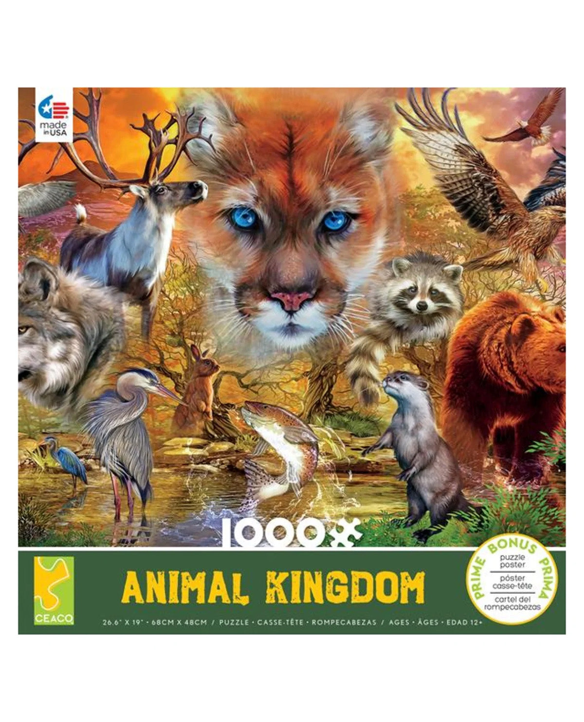 Front of an ELK TOY 1000-piece jigsaw puzzle titled 'Animal Kingdom'. The puzzle box features a highly detailed, colorful illustration of various animals including a cougar, deer, raccoon, bear, wolf, heron, and fish in a natural setting.