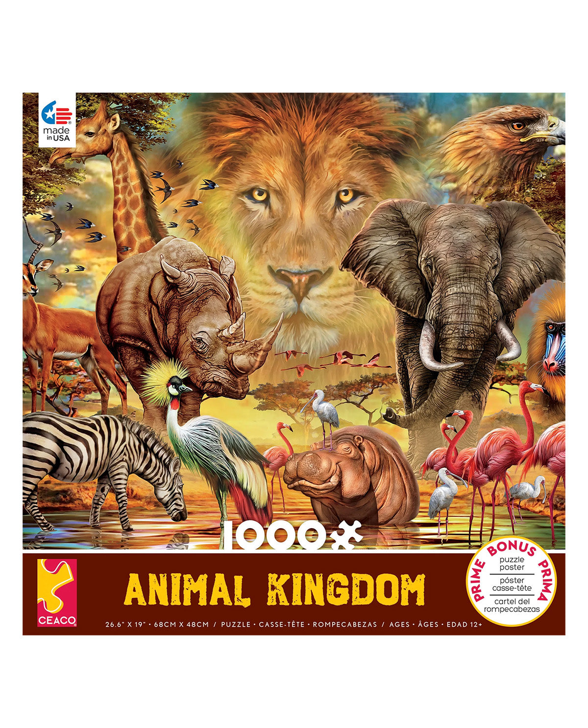 CEACO 1000-piece jigsaw puzzle box titled 'Animal Kingdom' featuring a colorful collage of safari animals including a lion, elephant, rhinoceros, zebra, flamingos, and others on a warm golden background.