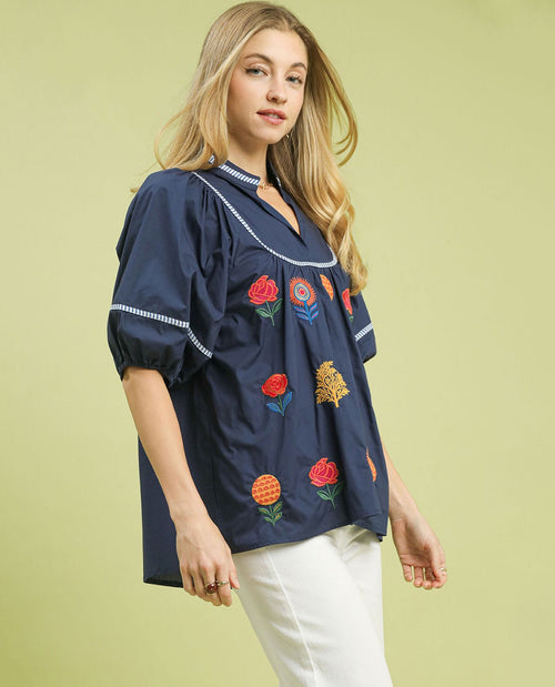 Umgee Embroidered Floral Puff Sleeve Top